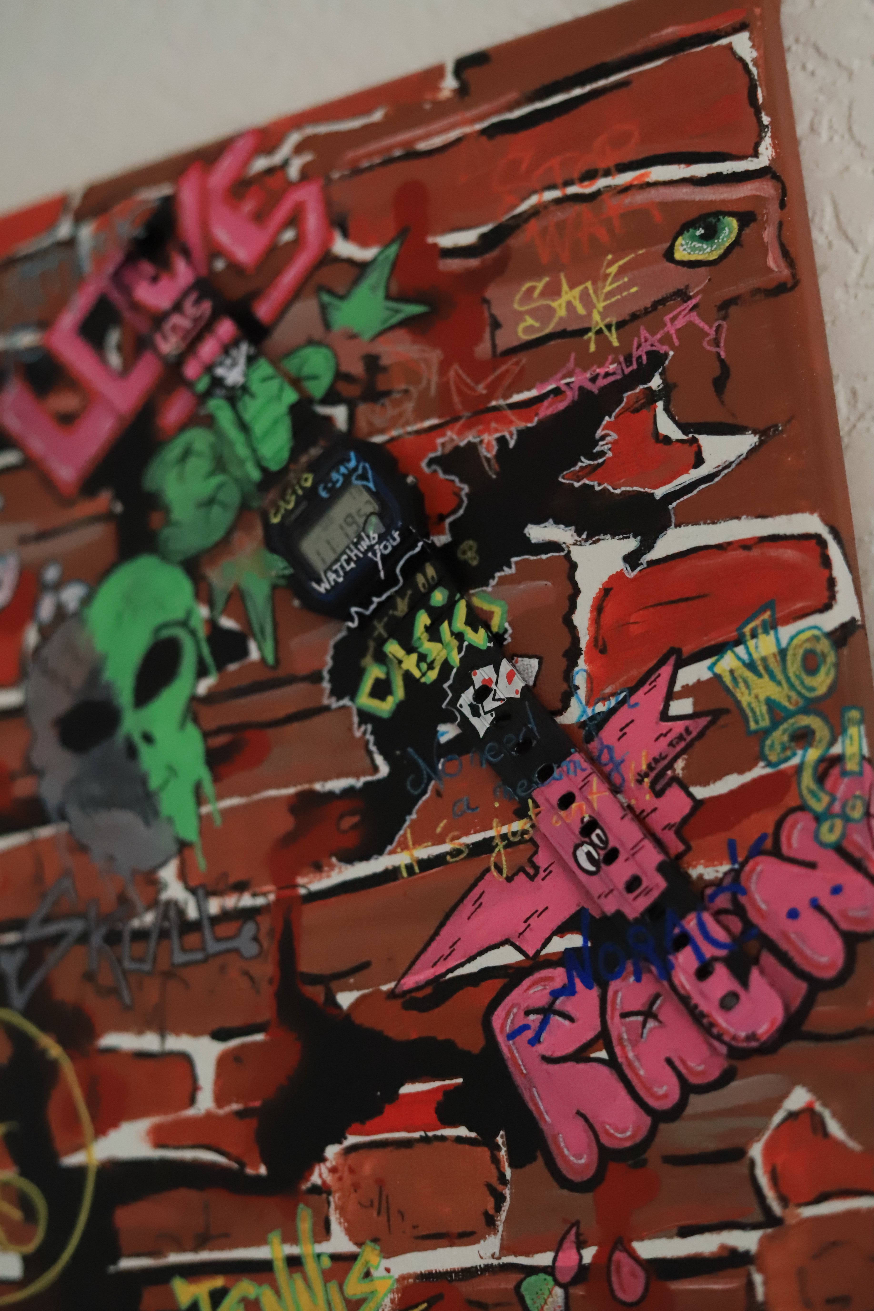 Painting "DON'T OVERTHINK" – Original mixed media artwork with Casio F-91W